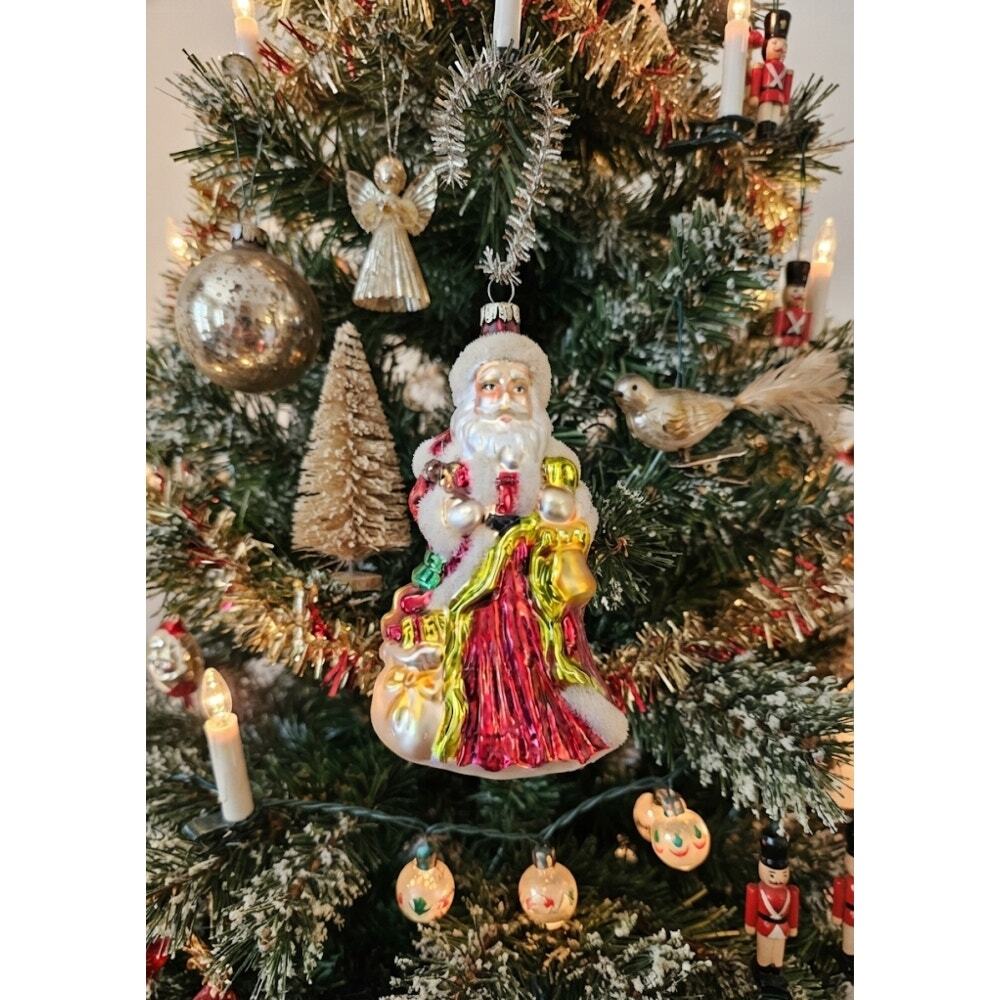 VTG Large Blown Glass Santa Claus Ornament Flocking Vintage Christmas Decor
